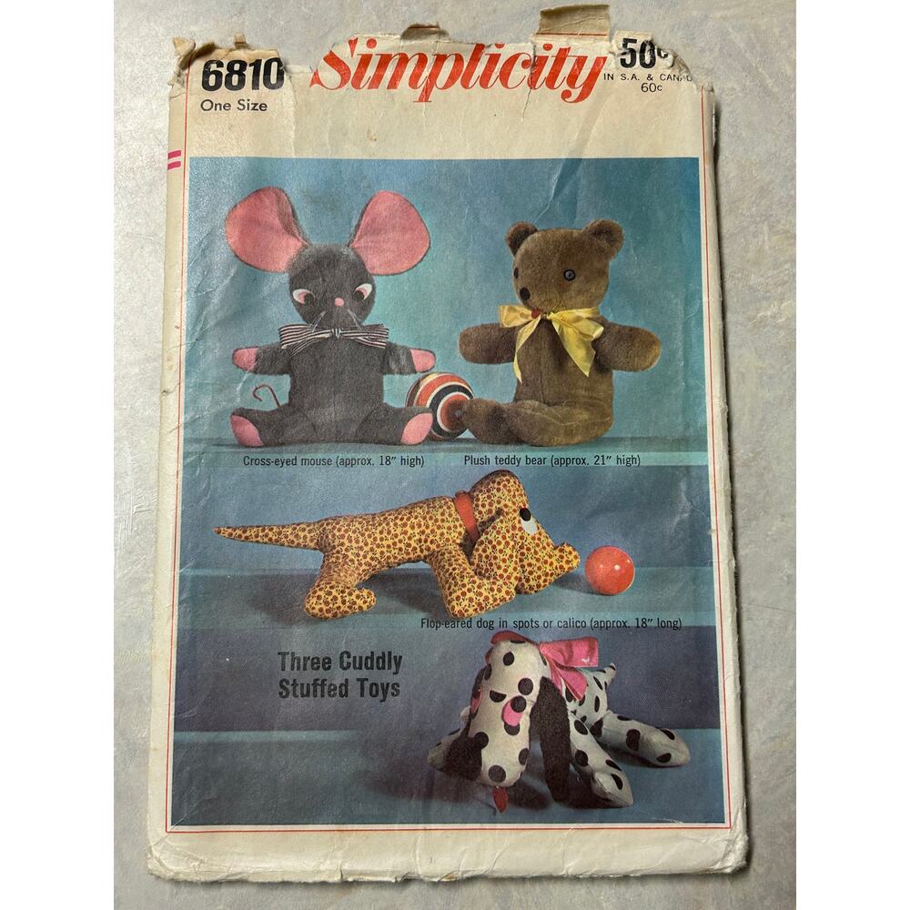 Vintage 1966‎ Simplicity Pattern #6810 Three Cuddly Stuffed Toys